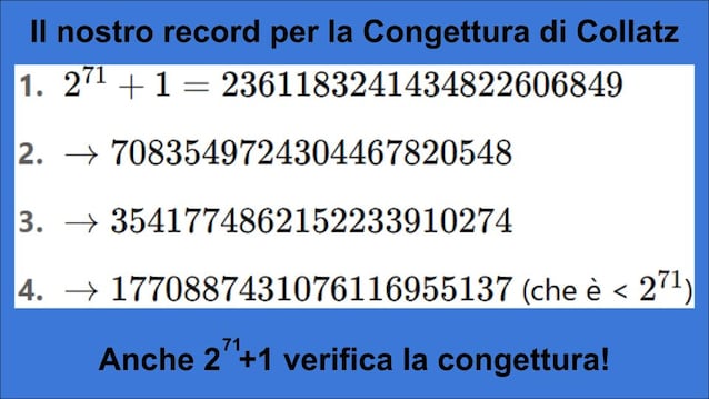 Beregning som viser at den neste av 2 til 71 verifiserer Collatzs formodning