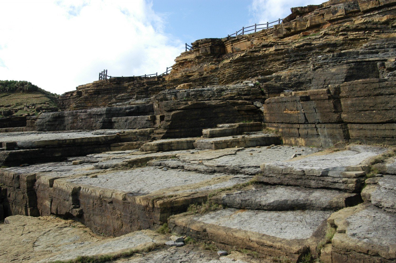 Rocky formasjon langs den sørlige kysten av Yonaguni. Legg merke til tilstedeværelsen av nesten identiske veikryss og brudd på ubåter geologi.