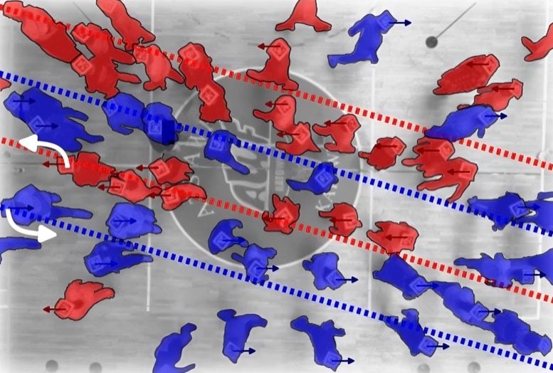 Et eksperiment på folkemengdene viser opprettelsen av parallelle linjer som er tilbøyelig til en fotgjenger når fotgjengere prøver å holde rett ved å krysse. Kreditt: K. Bacik. B. Bacik, T. Rogers.