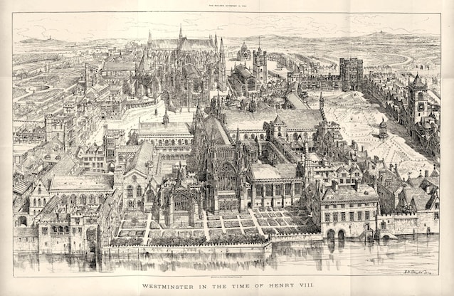 Conjectural skildring av den gamle bygningen i Westminster