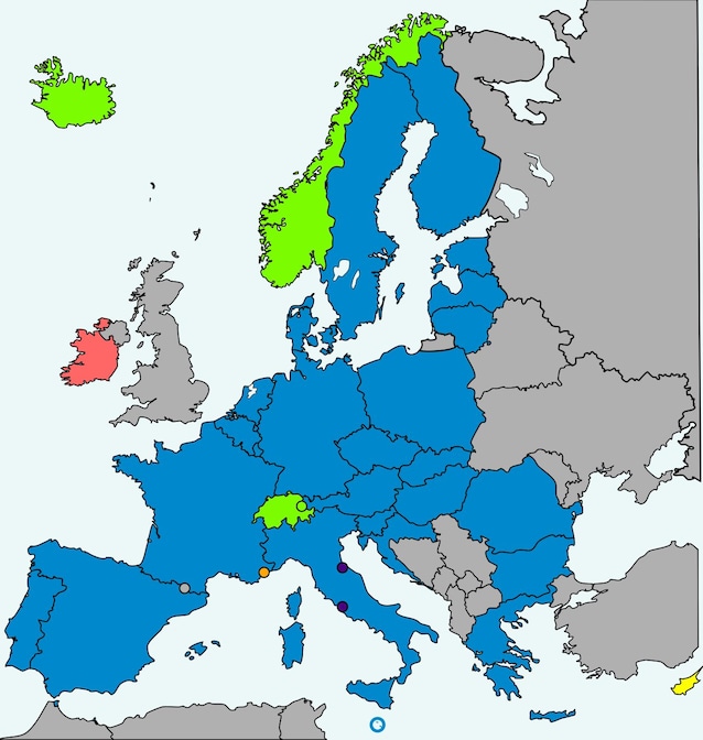 Blå EU -land medlemmer av Schengen, Green Non EU Schengen -medlemmer; Rød og gul, EU -medlemmer av Schengen (Wikimedia Commons)