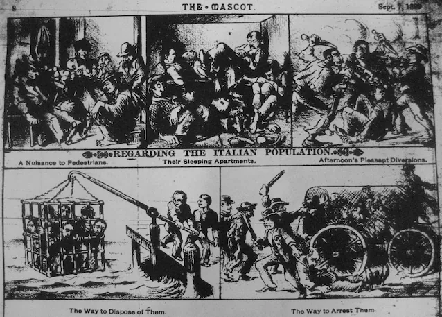 Redaksjonell tegneserie i "Maskoten" avis, New Orleans, 1888, hardt anti-italiensk immigrant. Dato 7. september 1888 Kilde "Maskoten" avis, 7. september, 1888-utgave, via mikrofilm i New Orleans Public Library