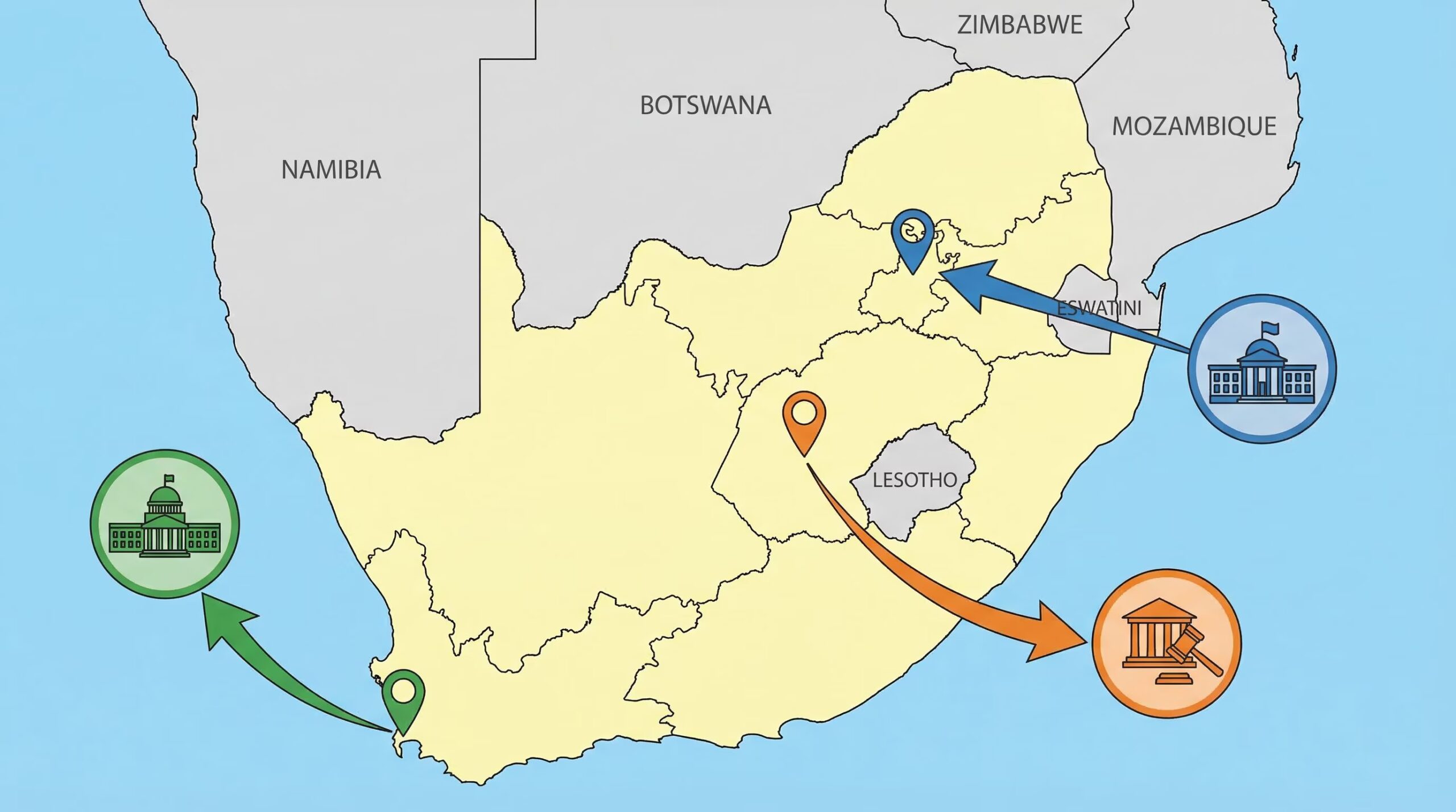 Pretoria, Cape Town og Bloemfontein