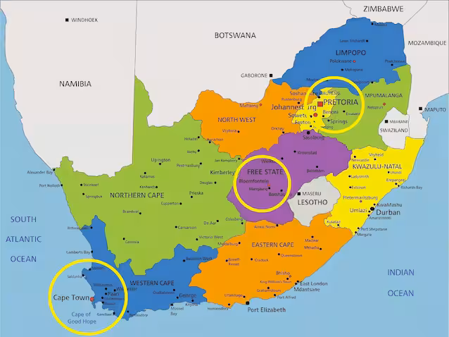 hovedsteder-sør-afrika-tre-kart
