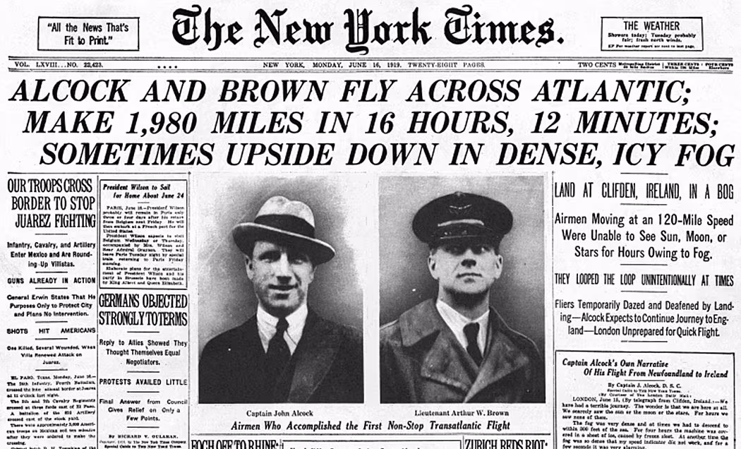 Den første transatlantiske flyturen: det var ikke Charles Lindbergh i 1927, men Alcock og Brown i 1919