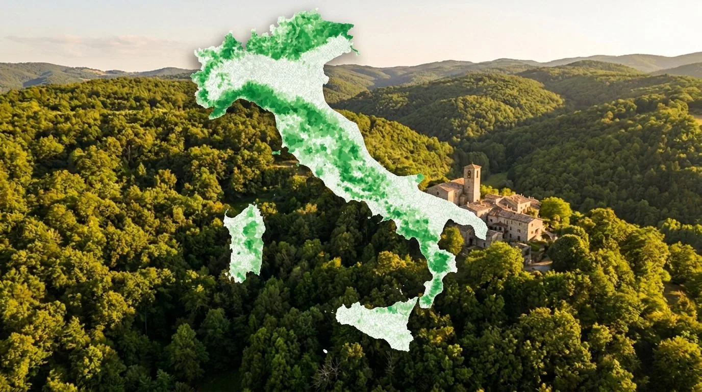 Italia er en skognasjon, skogen overstiger 100 tusen km² og dekker 36% av landet: kartet