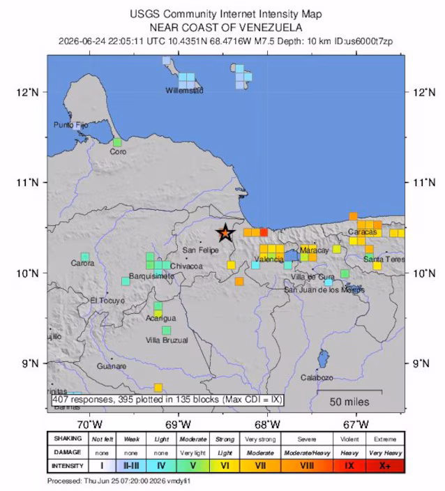Jordskjelvintensiteten i Venezuela