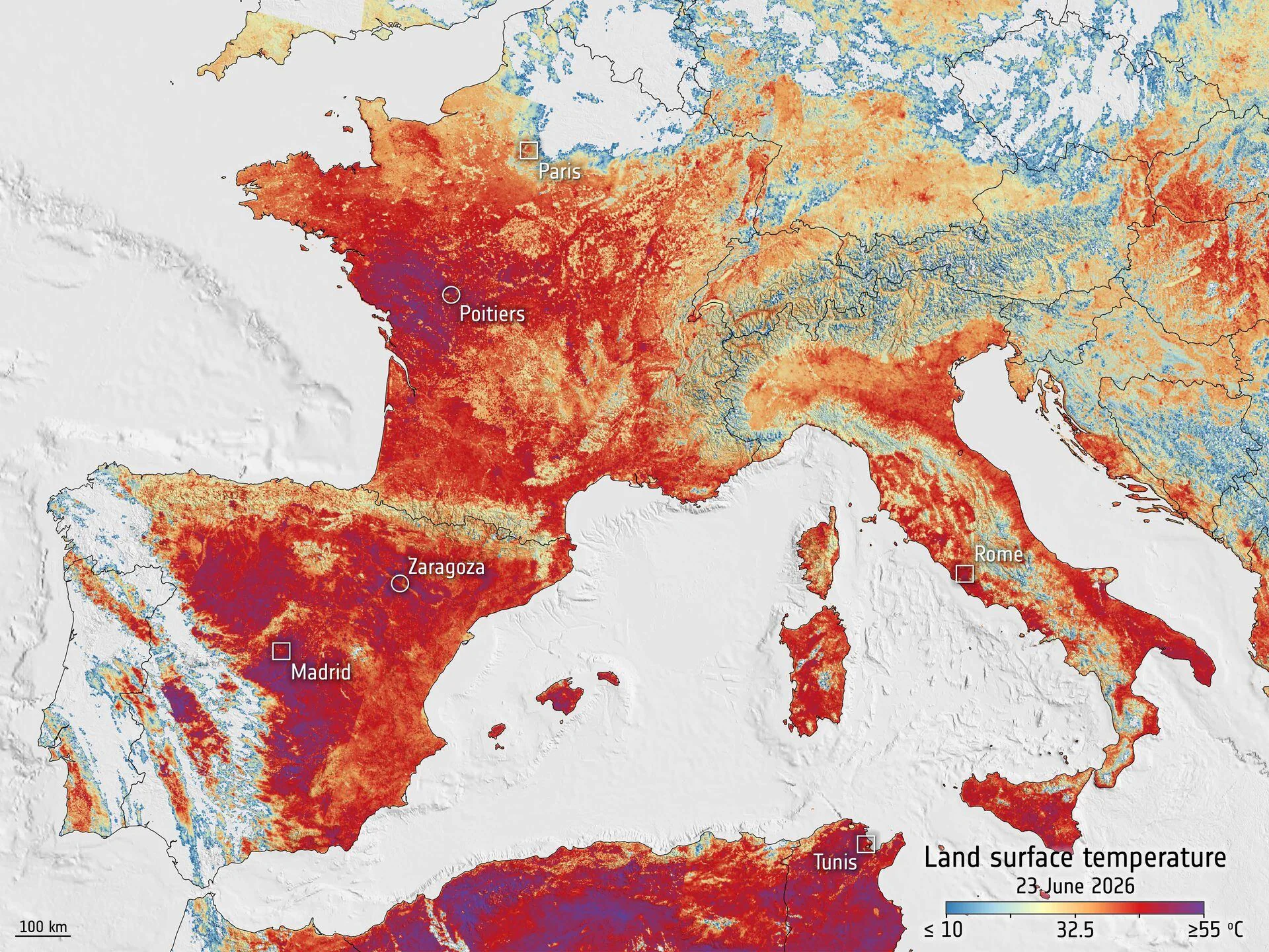 Varmen sett av ESA Sentinel-3-satellitten over hele Europa: kartet