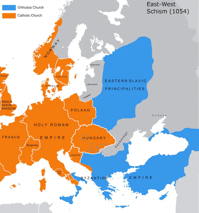Den religiøse inndelingen etter skismaet (Wikimedia Commons)