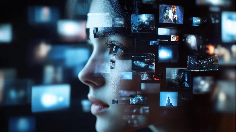 3d style image of a young girl with a view of her thinking of different screen options
