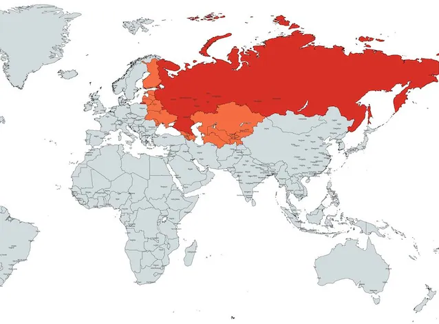 I rødt den russiske føderasjonen, kjernen i det tidligere Sovjetunionen, i oransje nasjonene som har blitt uavhengige av USSR